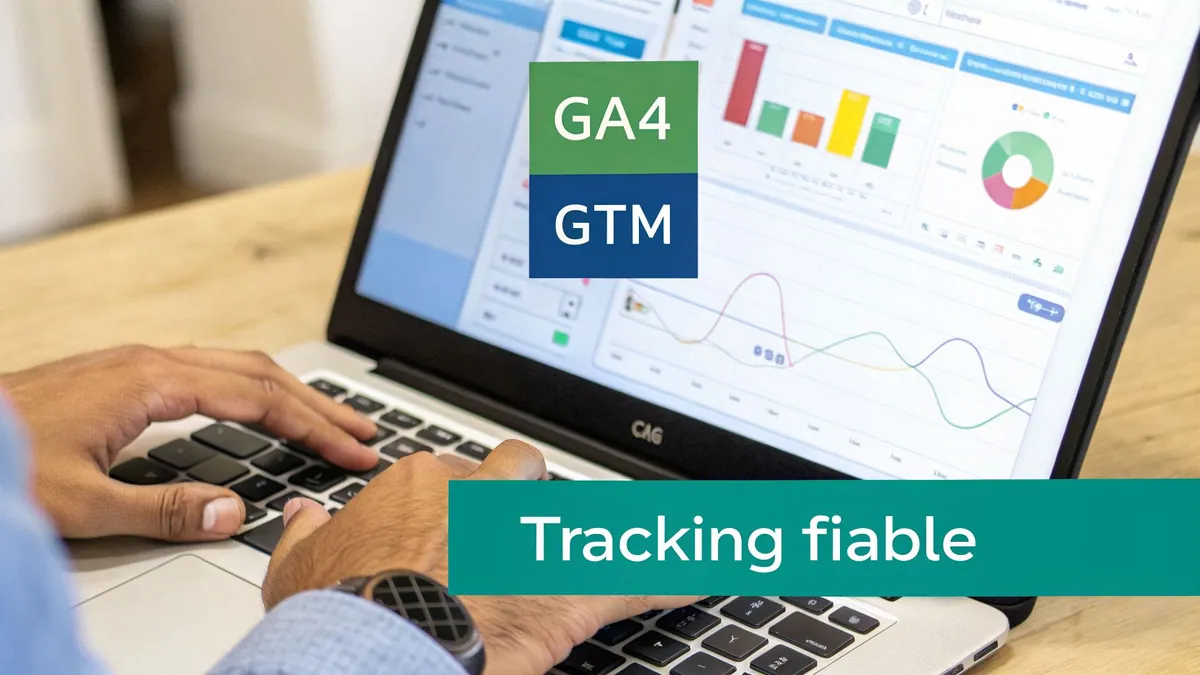 Mains tapant sur un ordinateur portable affichant des tableaux de bord GA4 et GTM pour un suivi fiable des données.