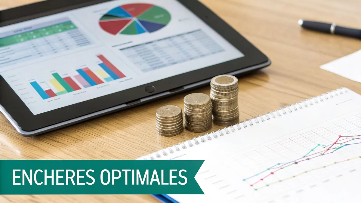 Tablette affichant des graphiques financiers, piles de pièces de monnaie, carnet avec graphique sur un bureau en bois.